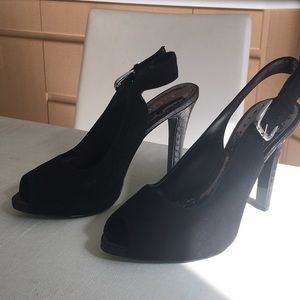 Black suede 4-1/2” high sling back peep toe heels